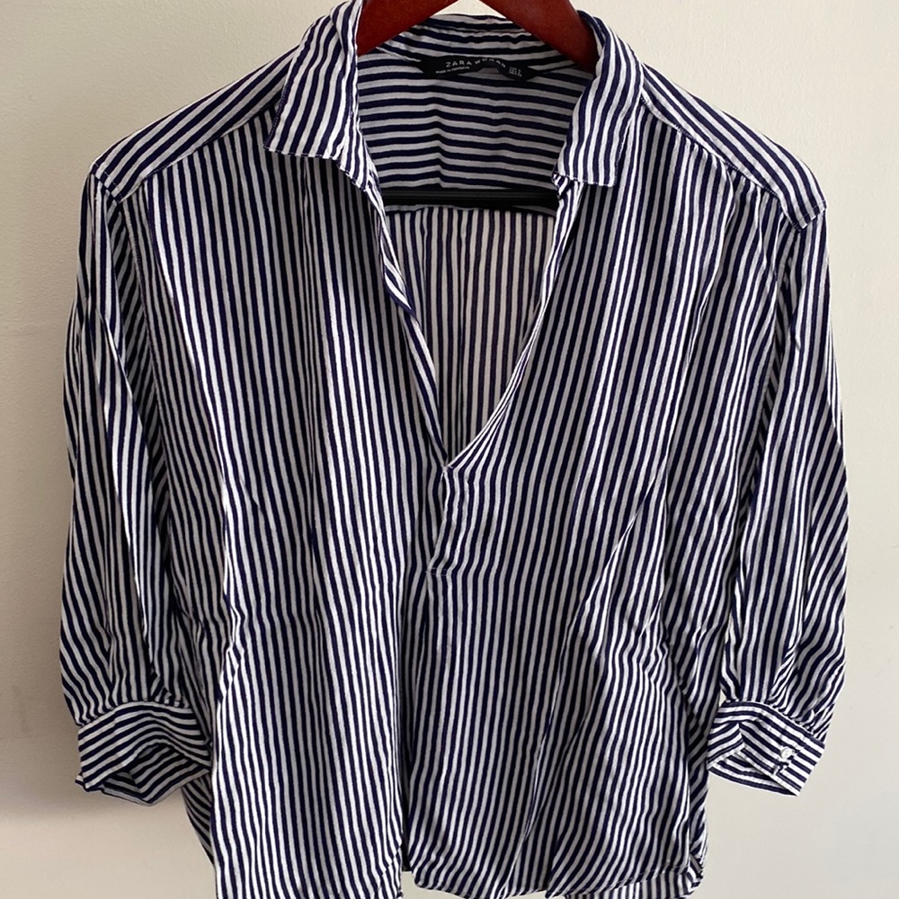 Zara. Blue/white striped shirt. Large. Loose fit. Sleeves are half length.